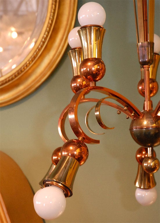 Brass and Copper Chandelier In Excellent Condition For Sale In Los Angeles, CA
